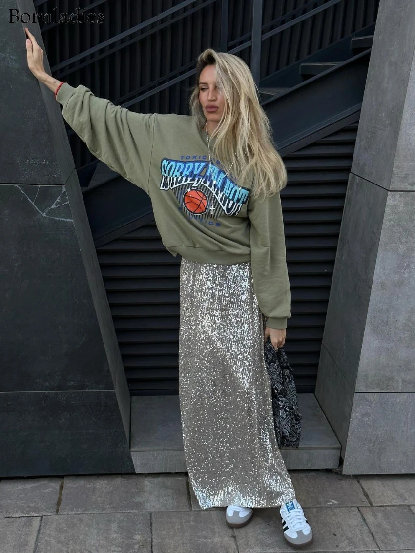 

Long Skirts Streetwear Classic Skirt Fashion Female Clothing Elegant Silk Sequins Women Skirt 2023 Dropped Waist