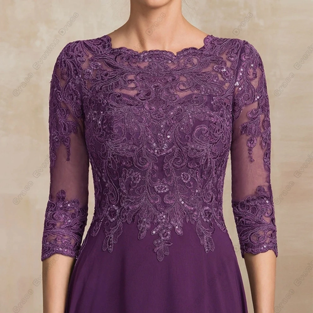 Purple Three Quarter Mother of Bride Dresses with Lace Chiffon Wedding Party Dresses Zipper Back Summer