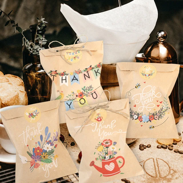 24 ensembles de sacs en papier Kraft de remerciement, mignon arc-en-ciel Dino, pochette cadeau joyeux anniversaire, sac à cadeaux de fête à fleurs rétro, fournitures de bonbons et de biscuits 5