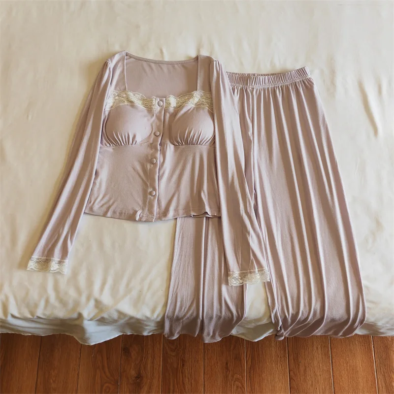 Koreanische Pijama Mujer Neue Quadrat Kragen Modale Nachtwäsche Frauen Herbst Winter Pyjamas Set Hause Tragen Brust Pad Langarm Hose Anzug – Detail 21