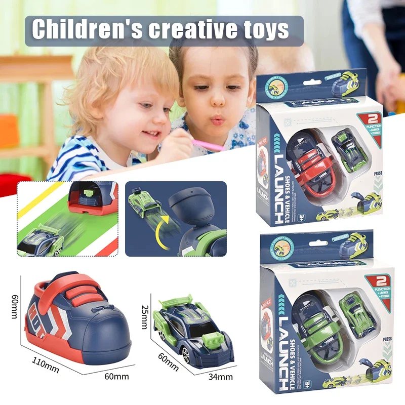 Set of 2 Sliding Toy Cars Cartoon Sneakers Shaped Toy Car Shooting Game Ejection Car Set Competitive Toys