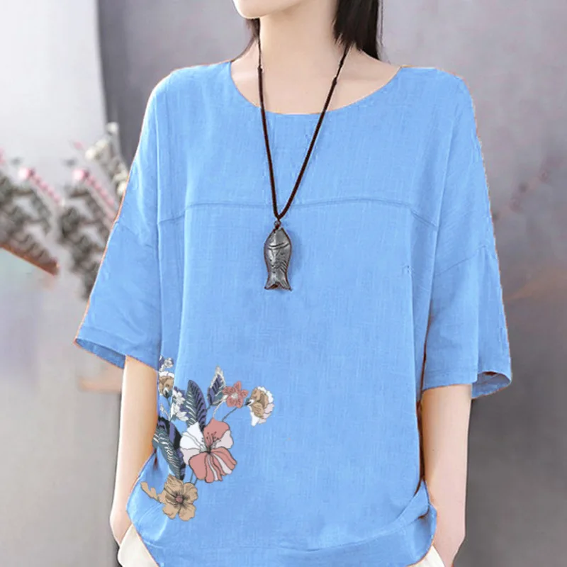 Cotton Linen Floral Print Blouse for Women Summer