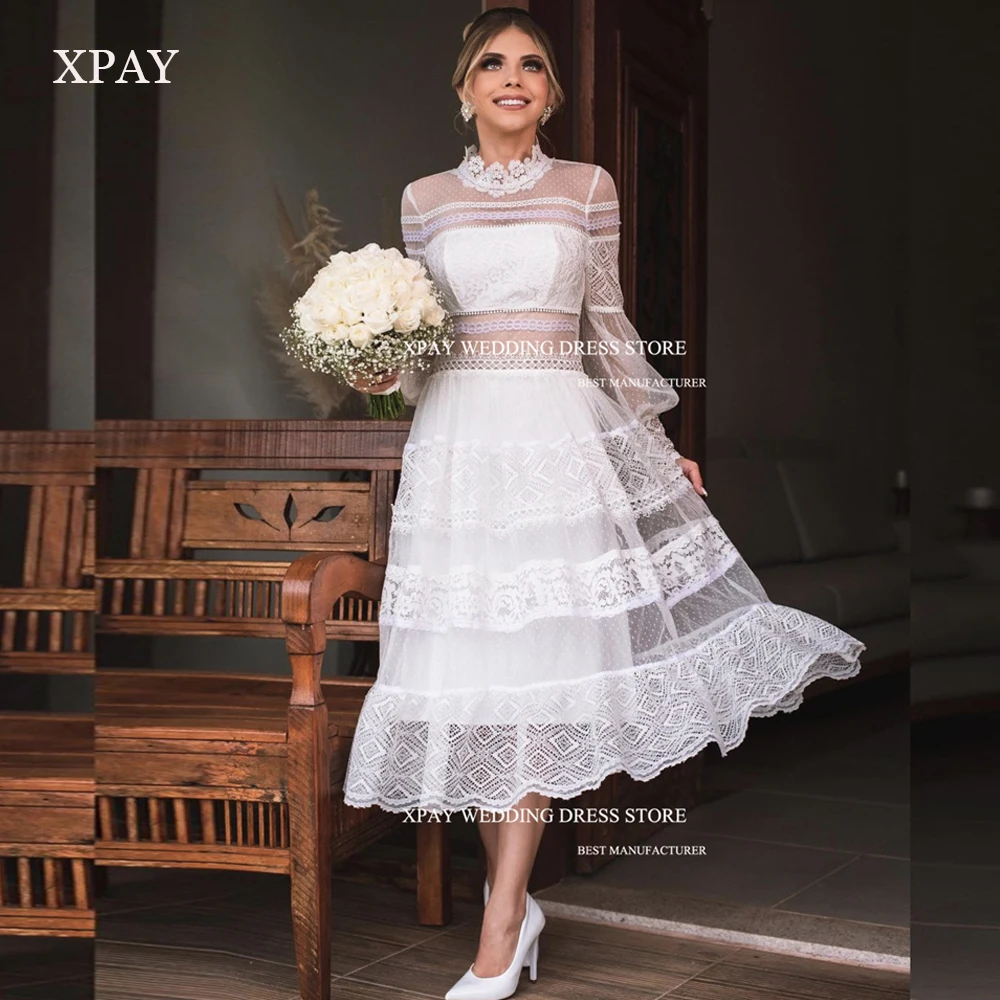 

XPAY New Mid-Calf A-Line Wedding Dresses Long Sleeves Zigzag-Neck Modest Lace Princess Bride Gowns Prom Evening Party Dress