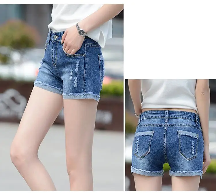 Botão de Cintura Mulher Verão Alta Nova Denim Shorts Feminino Elástico Fino Versão Coreana Magro Estudante Streetwear Rasgado Borda Calças 3 Computers & Electronics