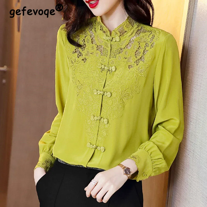 

Fashion Solid Hollow Out Embroidery Shirt Women's Spring Autumn New Long Sleeve Simple Elegant Lace Spliced Stand Collar Blouse