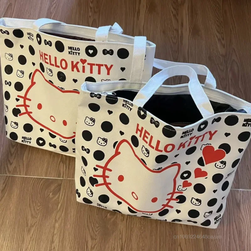 Sanrio Hello Kitty Printed Canvas Bag Portable Y2k Girl Style Casual Carrying Bag Student Fashion Trend Summer Shoulder
