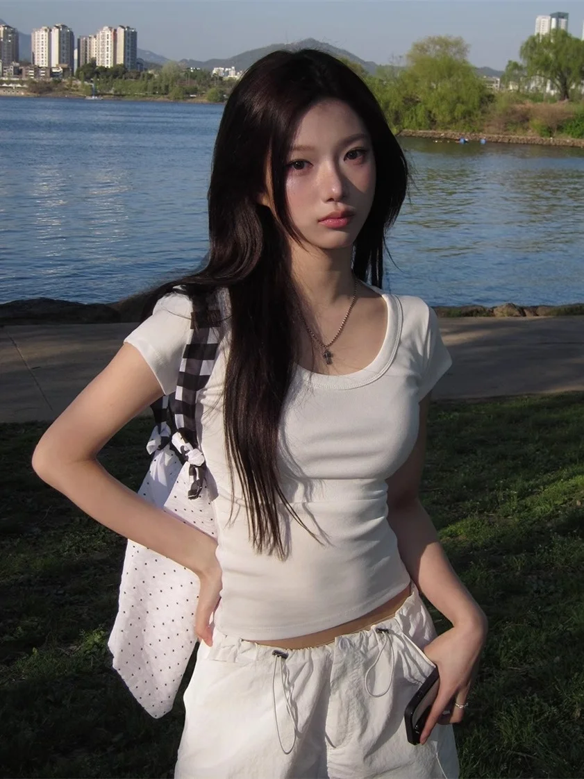 Slim Fit Color Basic ort Sve T-irt Women's Summer Top Unique SEI Korean Sle Commute Wind Straight Tube pe 4