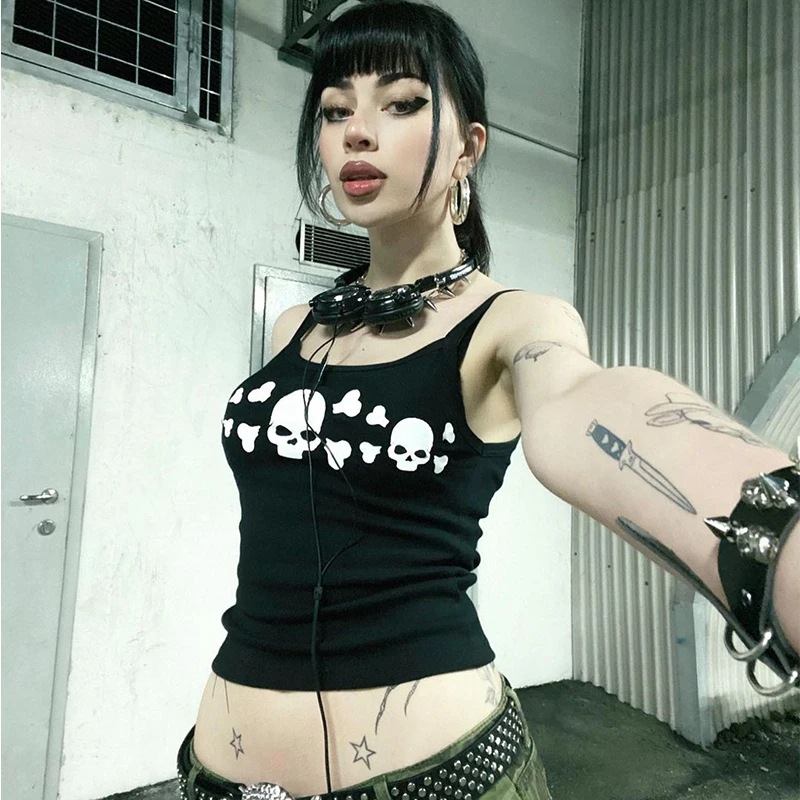 Gothic Emo Girl Camisole Top Skull Graphic Print Grunge Crop