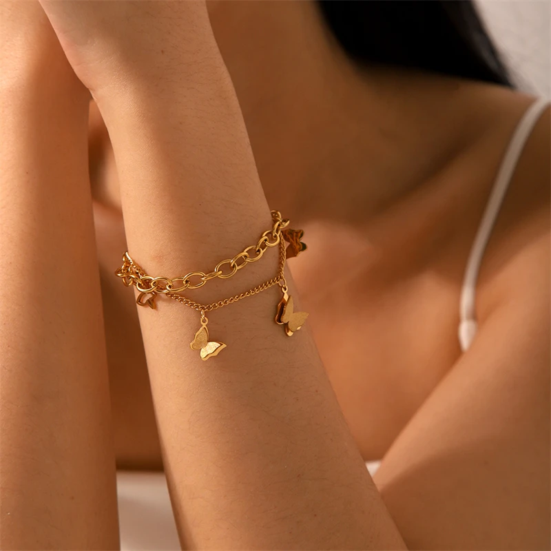 316L Stainless Steel Butterflys Charm Thick Chain Bracelet For Women-chain bracelet stainless steel bracelets stainless steel jewelry charm bracelet women bracelet