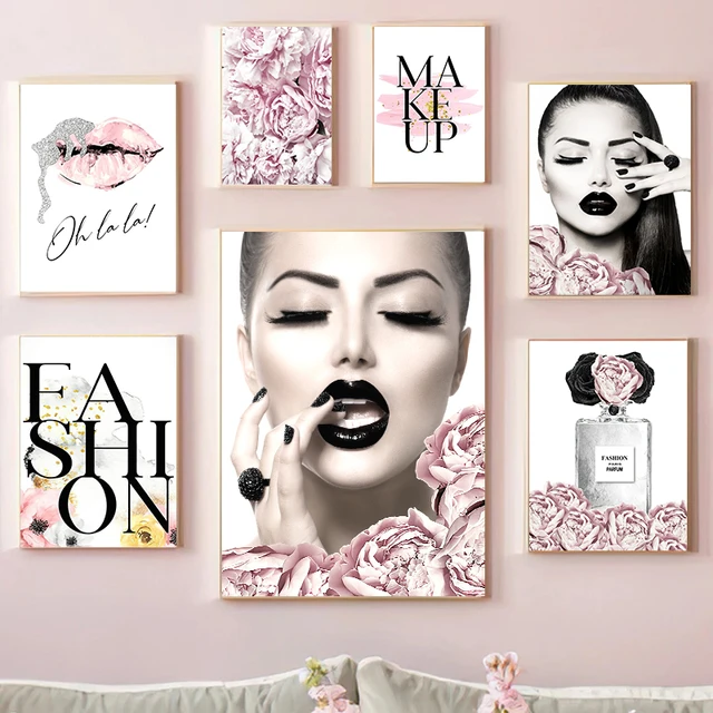 Fashion Lady Makeup Pink Flower Perfume Poster Canvas Art Painting Sexy Lip Wall Picture For Modern Girl Room Home Decoration