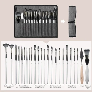 SeamiArt 24pcs Different Shape Sliver Grey Painting Brush Set For Gouache Watercolor Oil Painting Art Supplies Stationery