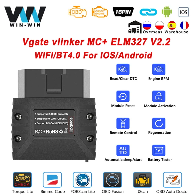 Vgate – outil de Diagnostic automobile vLinker MC ELM327, Scanner pour moteur, OBD2, Wifi, Bluetooth, Compatible PK, 327 V 1 5 