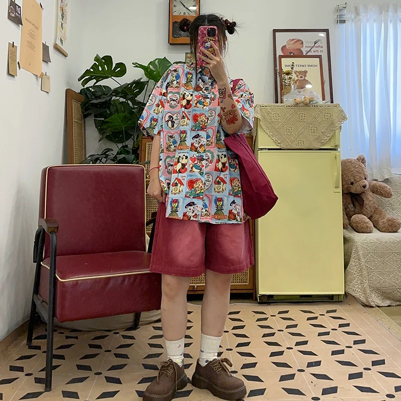 Vintage Showa Wind Red Panda Cartoon Print Yapi Vintage Short Sleeve Shirts Top Summer