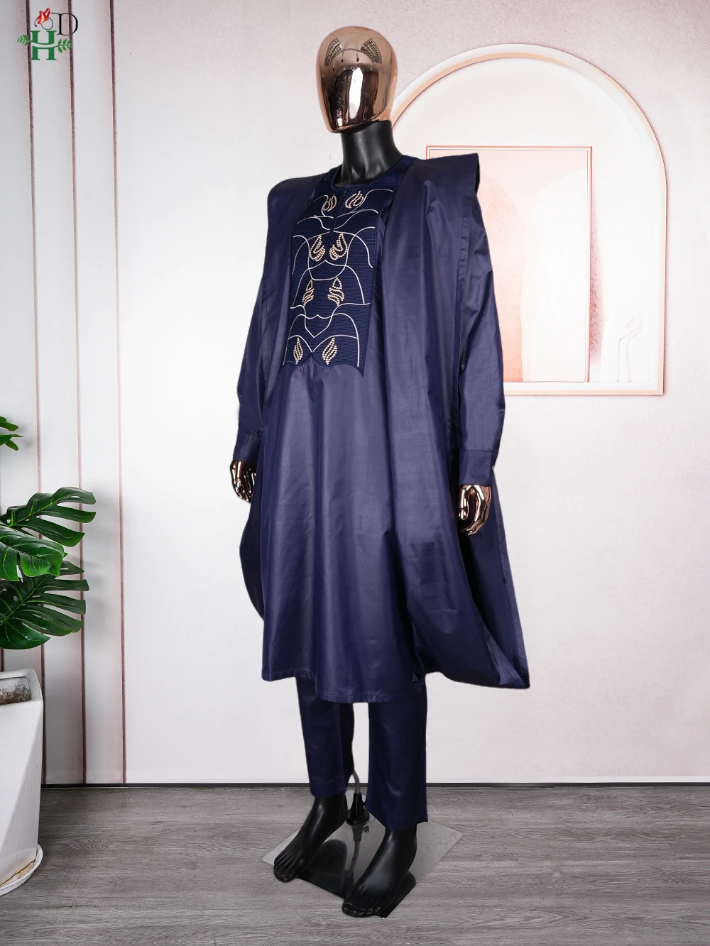 H&D African Clothes for Men High Quality Suit Fabric Embroidery Tradition Clothing Shirt Pants 3 Pcs Set Wedding Party Ramadan