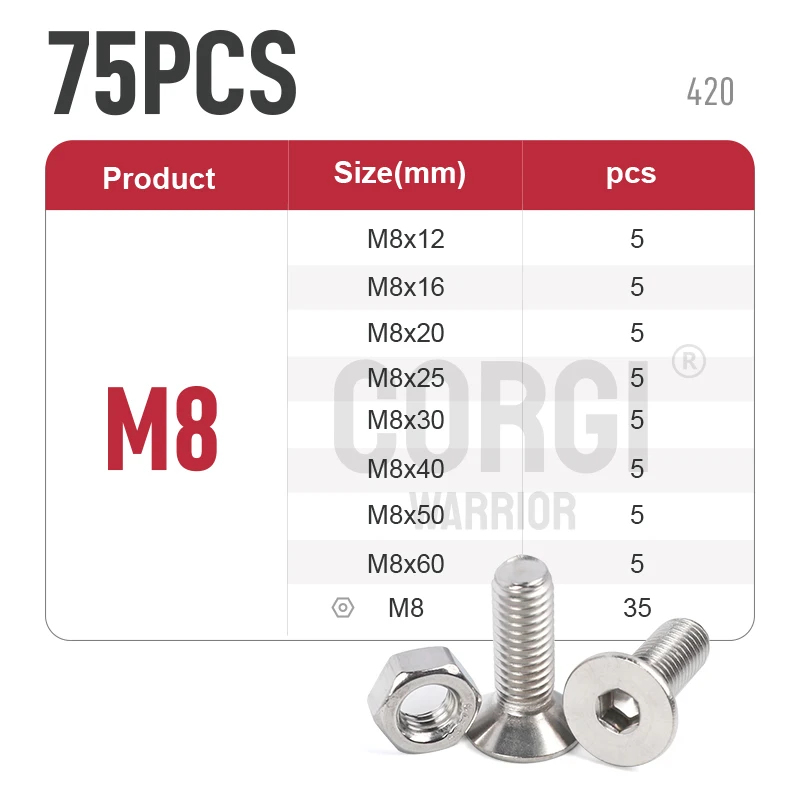 Description Picture 4 of item35-2600p Flat Head Hex Socket Cap Screws Bolts Assortment Kit M1.6 M2 M2.5 M3 M4 M5 M6 M8 M10 Stainless Steel Screw Nuts 4-50 mm