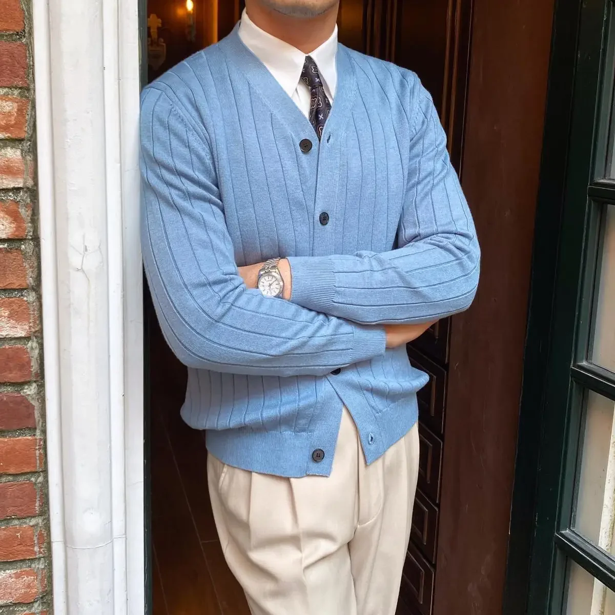 Handsome Autumn Men's Knitted Cardigan Slim Fit Pit Striped Long