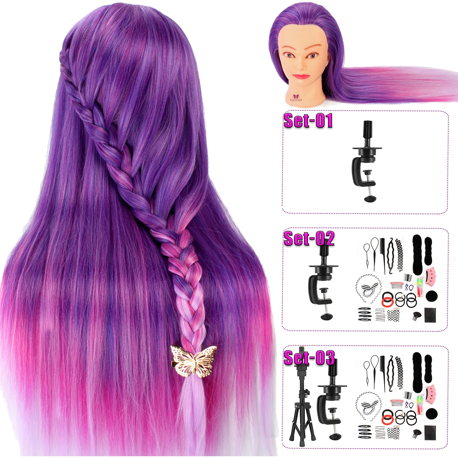 

71cm Purple Rainbow Colorful Long Hair Mannequin Head For Hairstyles Professional Hairdressing Doll Heads Clamp Braid Set Tripod