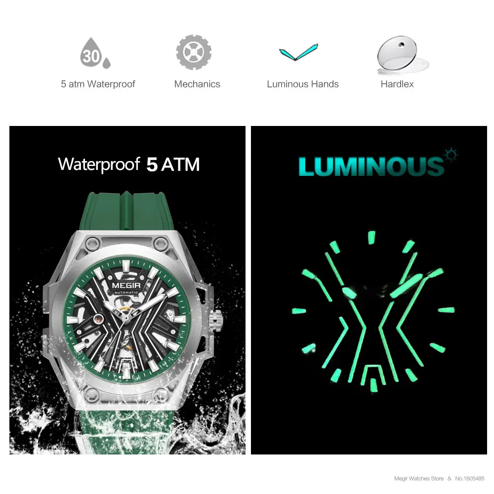 MEGIR Military Sports Automatical Watch Men White Silicone Strap Waterproof Luminous Skeleton Dial Mechanical Wristwatch 8603 mechanical watch