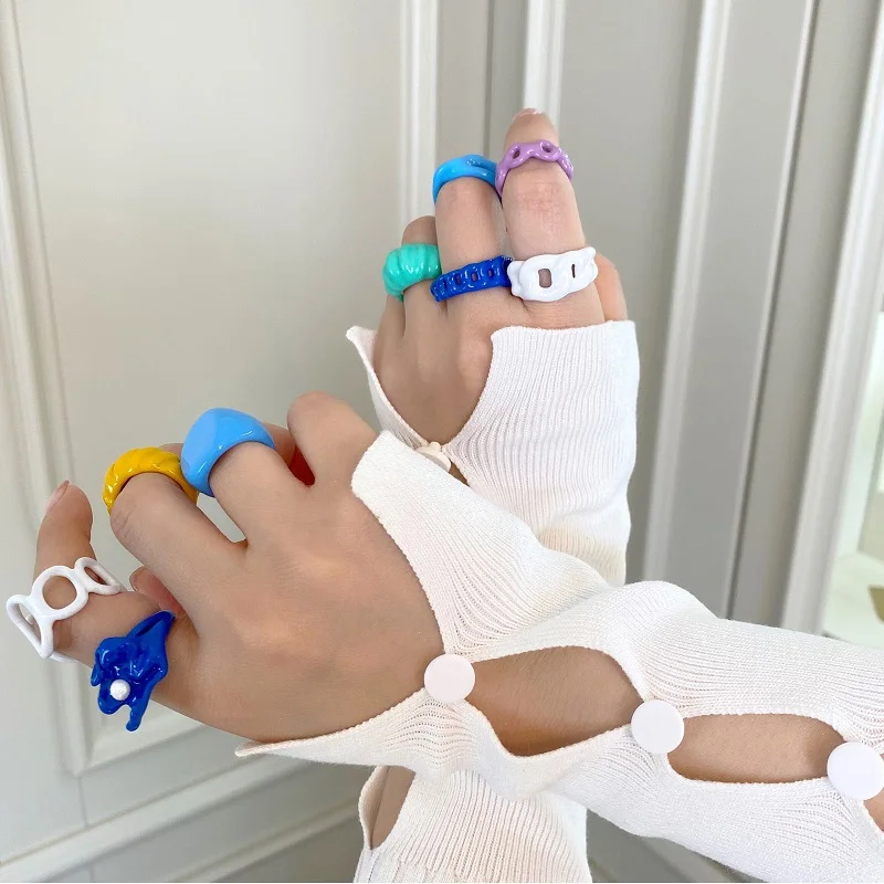 Colorful Ring Set Wholesale 2022 Summer Fashion Fruits Flowers Geometric Chain Candy Color Opening Rings Women Finger Jewelry