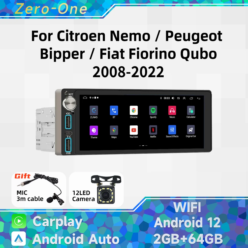 

Carplay 1Din Radio Android Car Multimedia for Citroen Nemo Peugeot Bipper Fiat Fiorino Qubo 2008-2022 6.86" Stereo Head Unit GPS