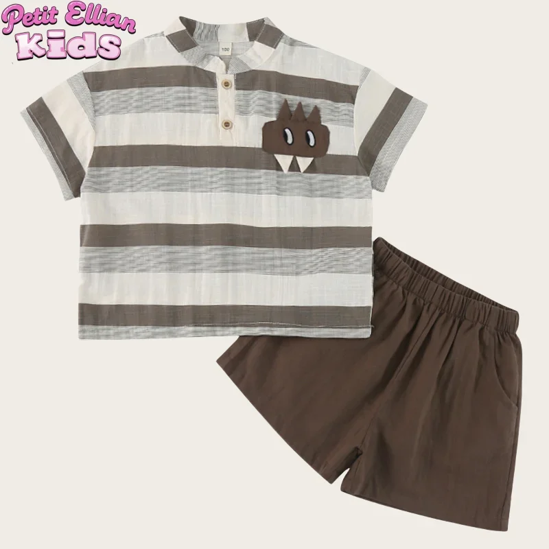 Stylish Kids Boys' Cotton Striped Short Sleeve Shirt and Brown Shorts Comfort and Fashion Combined Set Perfect for 1 - 8 Y Child 1
