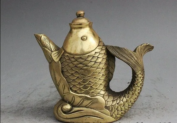 

Marked Folk China Dynasty Brass Lotus Fish Form Statue Lucky Wine Tea Pot Flagon