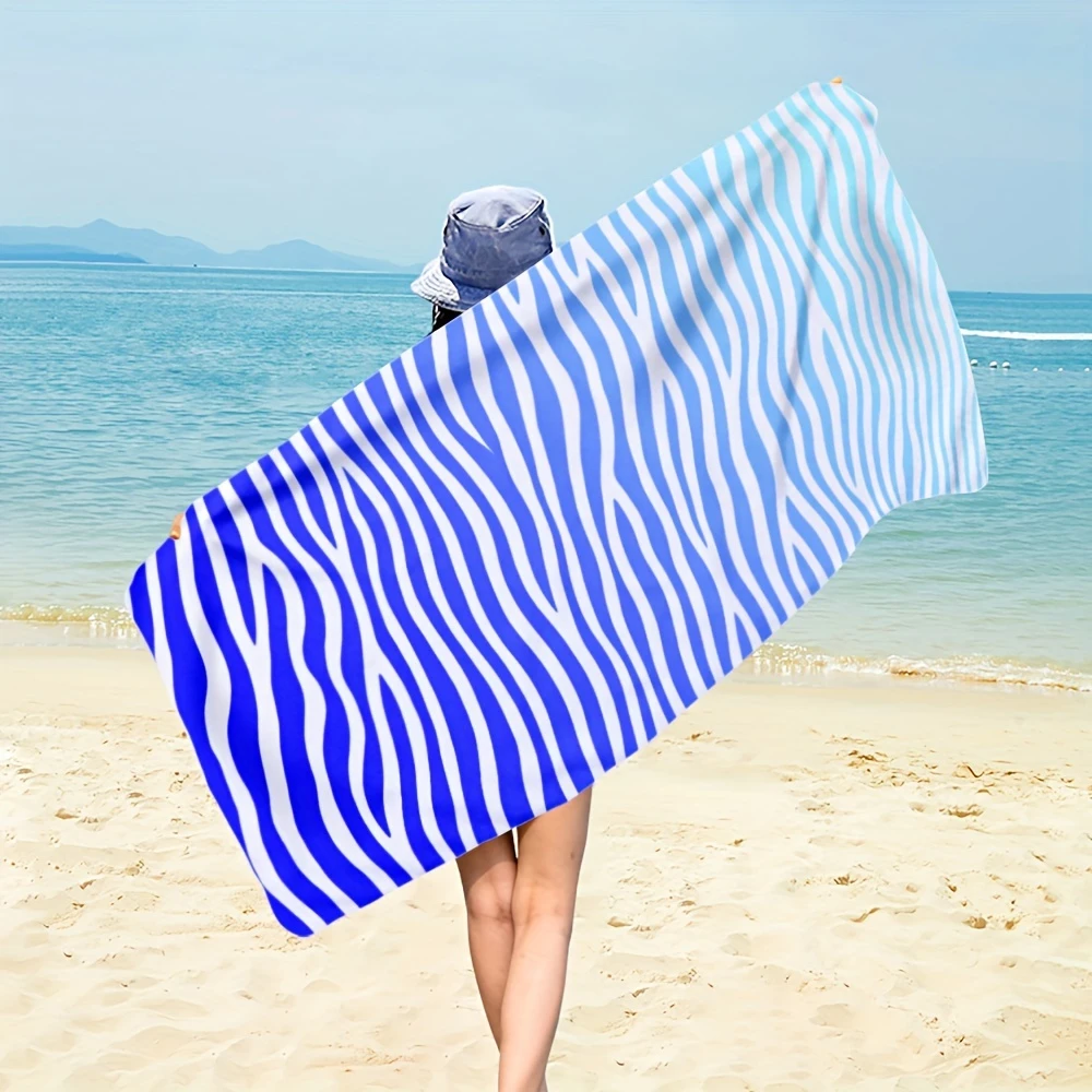 블루 웨이브 얼룩말 줄무늬 비치 타월 단면 속건성 마이크로파이버 타월 수영장, 해변, 수영, 여름, 해안가, 휴가용