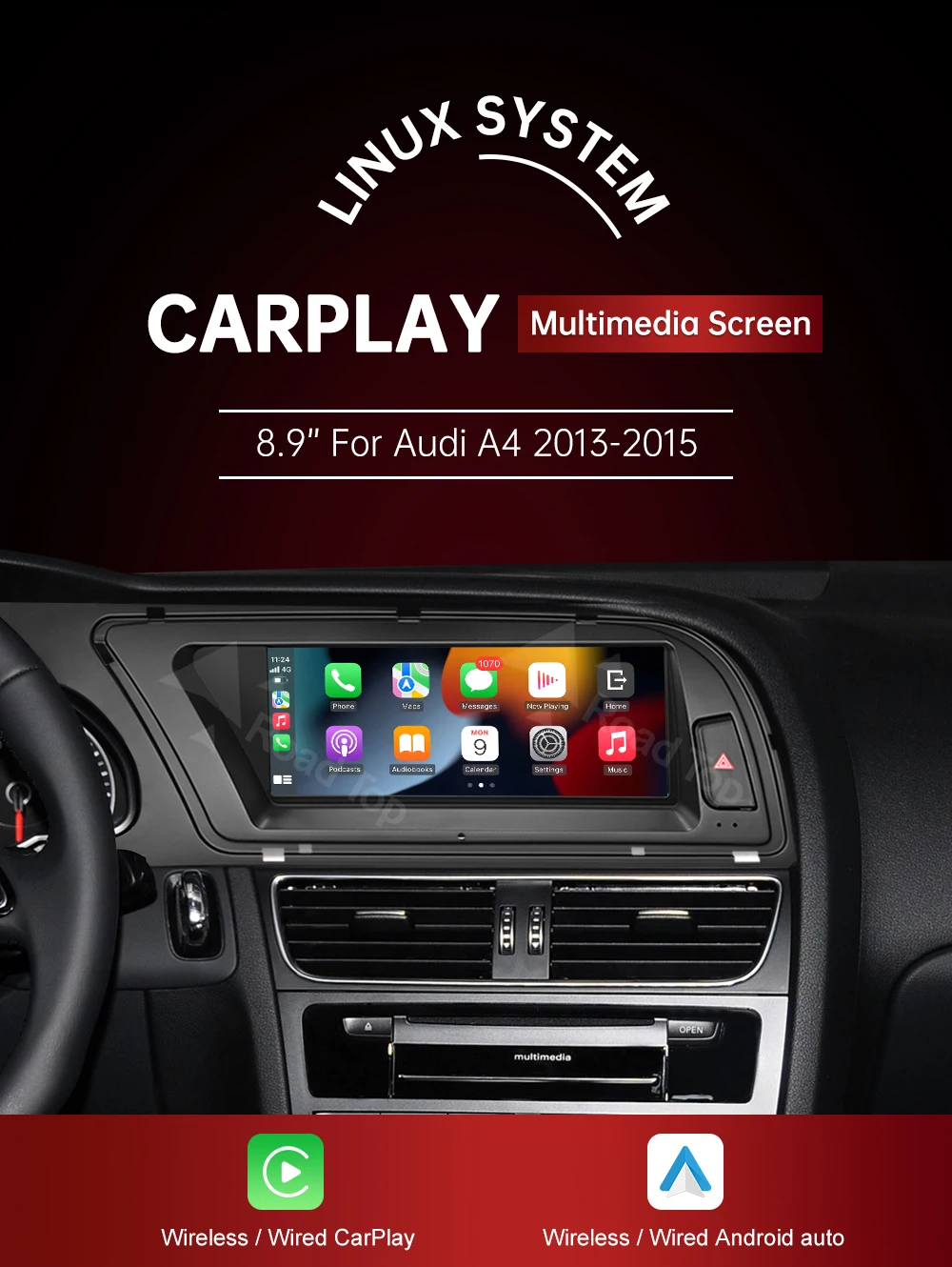 RoadTop 3G MMI Wireless CarPlay Multimedia Ultra-dünner Bildschirm Android Auto Airplay Autolink Linux Bildschirm für Audi A4 2013-2015 – Detail 2