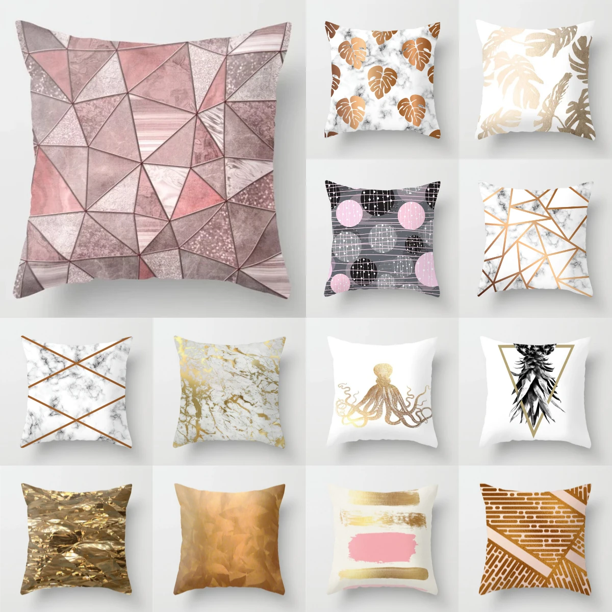 

45X45CM Rose Gold Print Cushion Cover Hot Nordic Geometric Plants Leaves Pillowcase Decorative Polyester Sofa Throw Pillow Cover
