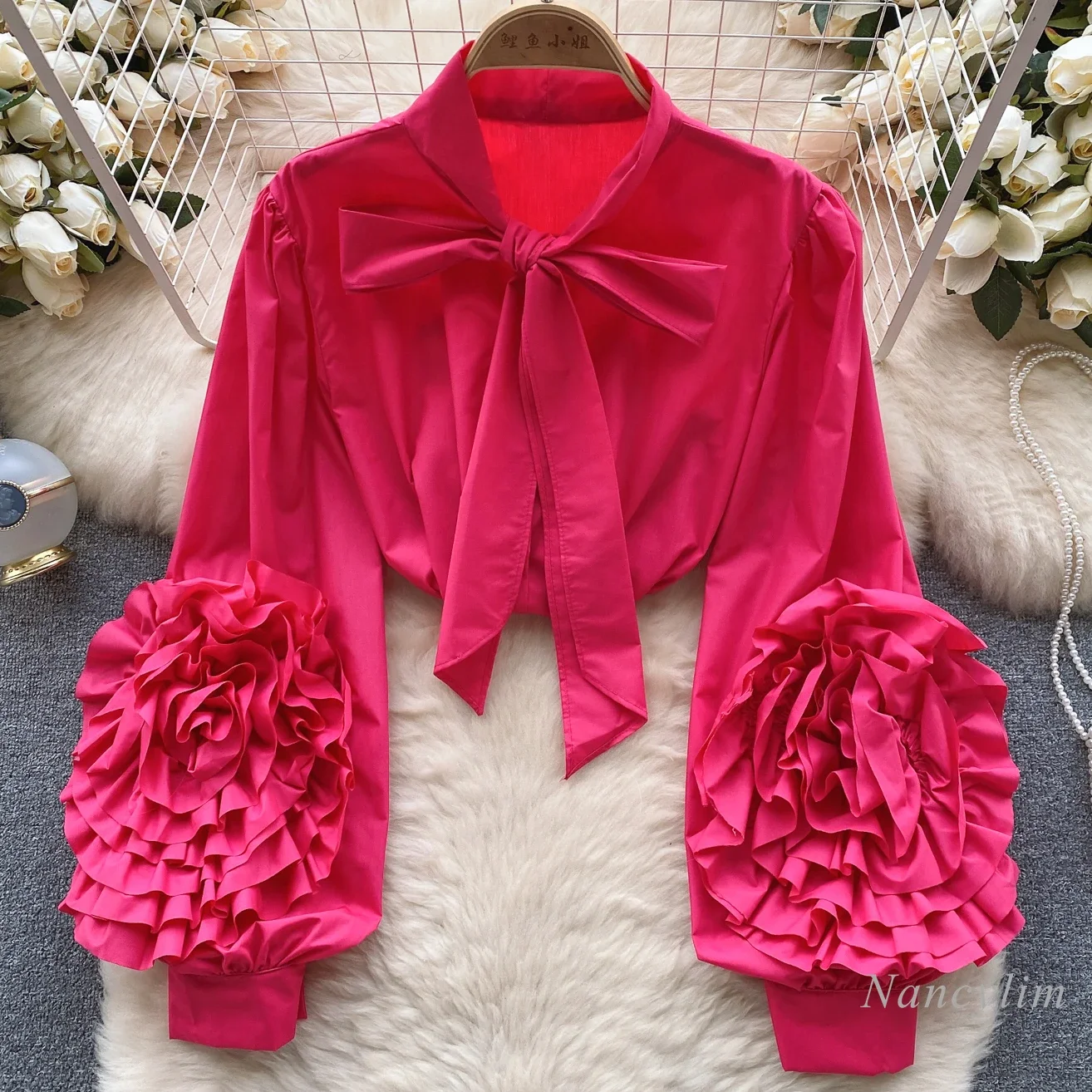 

High-End Spring Shirt for Women Niche Three-Dimensional Flower Puff Sleeve Bow Collar Blouses Top Elegant Blusas Mujer Top Lady
