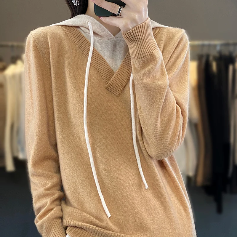 

Multi panel color contrast fake two-piece drawstring Hoodie women's autumn and winter casual age reducing pullover knit top