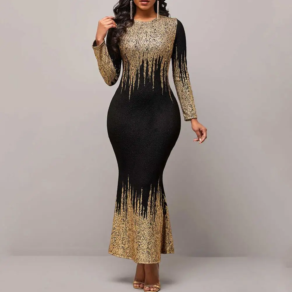 

Stylish Women Dress Temperament Formal Dress Hot Stamping Print Slim Fit Hip Wrap Dress Party Wear