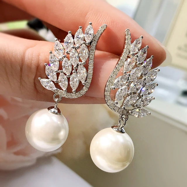 Boucles d'oreilles ailes d'angle, perle diamant, argent sterling 100%,  bijoux de mariage, goutte pour femmes, promesse, 925 - AliExpress