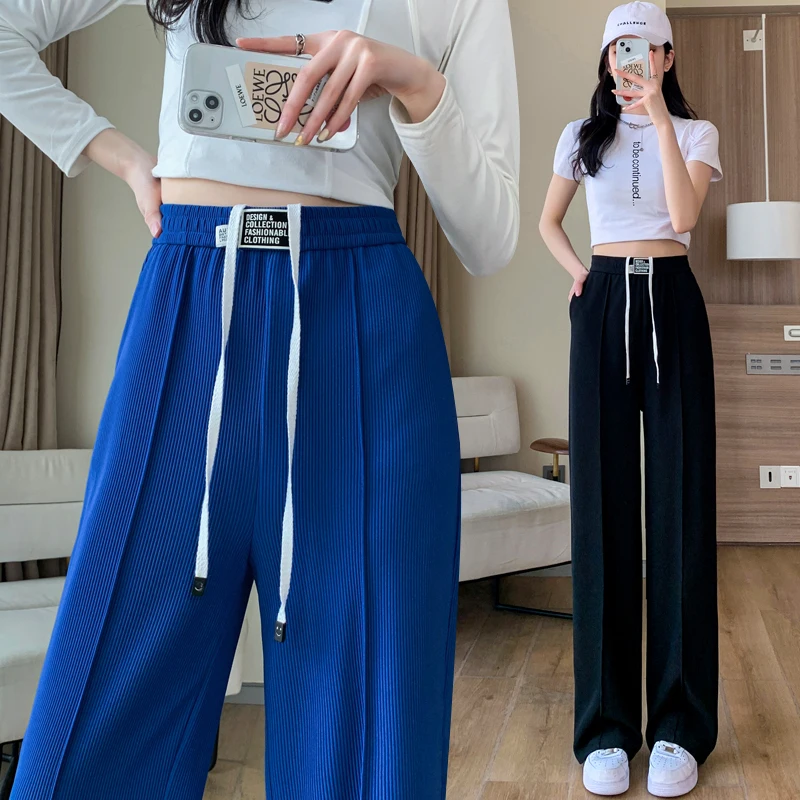 

Loose Women Wide Waist Summer Ice Slik Pants Thin Leg Pant High Pantalones Straight Sweatpants Soft Trousers Vertical Stripe