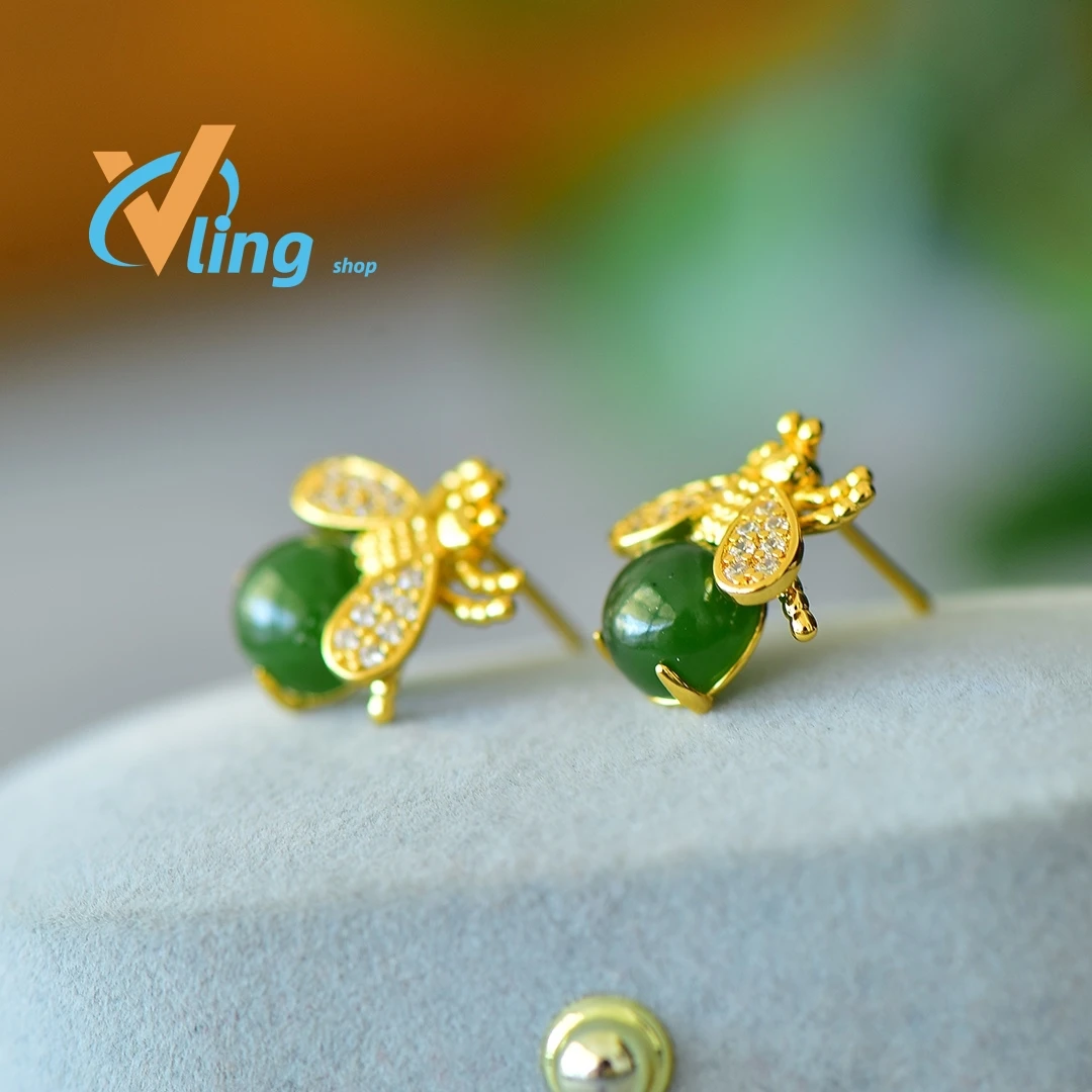 Copper inlaid Hotan Jade jasper courtesy of God little bee fashion earrings sweet girl Xia Xiaozhong earrings