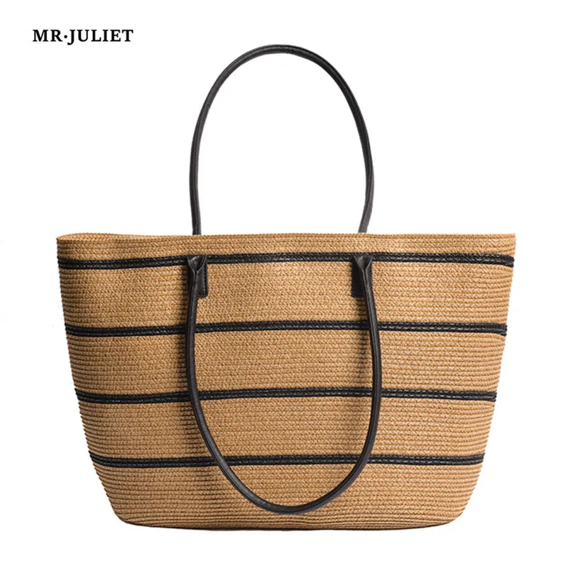 

MR ·JULIET New Straw Woven Bag Color-blocking Stitching Basket Bag Large-capacity Hand-woven Fashion Seaside Holiday Beach Bag