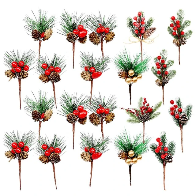 Frcolor 30pcs Artificial Pine Picks Christmas Pine Twig Pine Needles Pine Greenery Stems Xmas Ornaments for DIY Craft Winter Holiday Decorations, Size