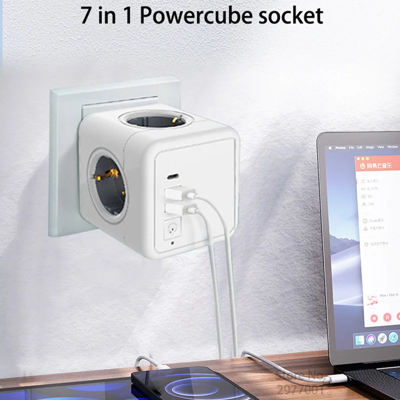 4 Eu AC Outlets Power Strip Multiple Cube Plug 3 USB-A Output Electrical Socket with Switch USB C Surge Protector Home Adapter Power Strip