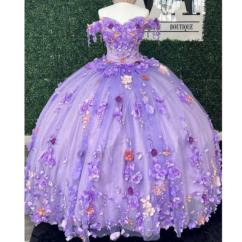 

Lavender Quinceanera Dresses Ball Gown Birthday Party Dress 3D Flower Beading Applique Lace Up Graduation Gown de 15 anos