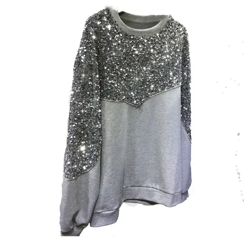 Women Sweater Hand-beaded Sequins Hoodies Pullovers O-Neck Long-sleeved Gray Sweatshirts Autumn Winter Outerwear Jumpers Tops