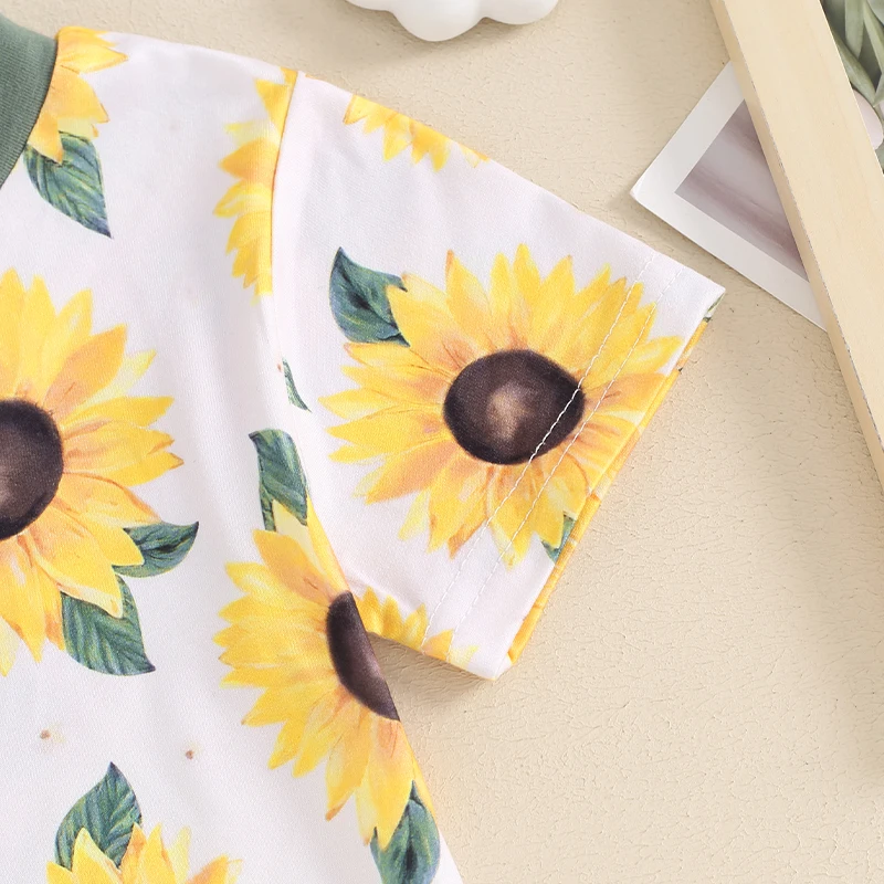 Description Picture 6 of itemGirls Summer 2PCS Shorts Sets Short Sleeve Crewneck Sunflower Print Tops Shorts Sets