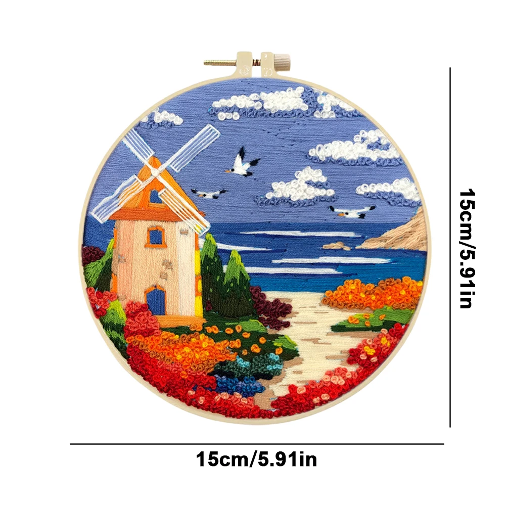 Landscape Stamped Cross Stitch Embroidery Kits Hoop Cloth Color Thread