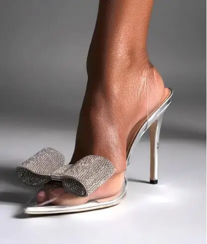 

Sliver Crystal Rhinestone Butterfly Knot Pointed Toe PVC Slingback Summer Sandals Women Thin Heels Elastic Band Party Shoes