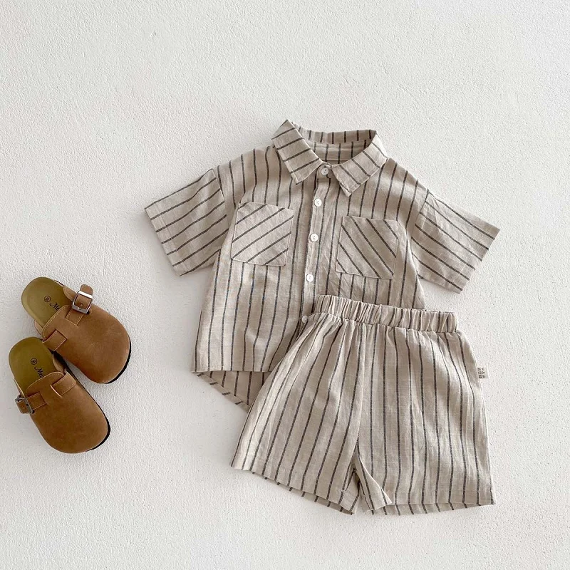 Baby clothes 0-5-year-old baby retro striped short sleeved sports set 2024 summer children\'s lapel shirt loosecasualtwo-pieceset