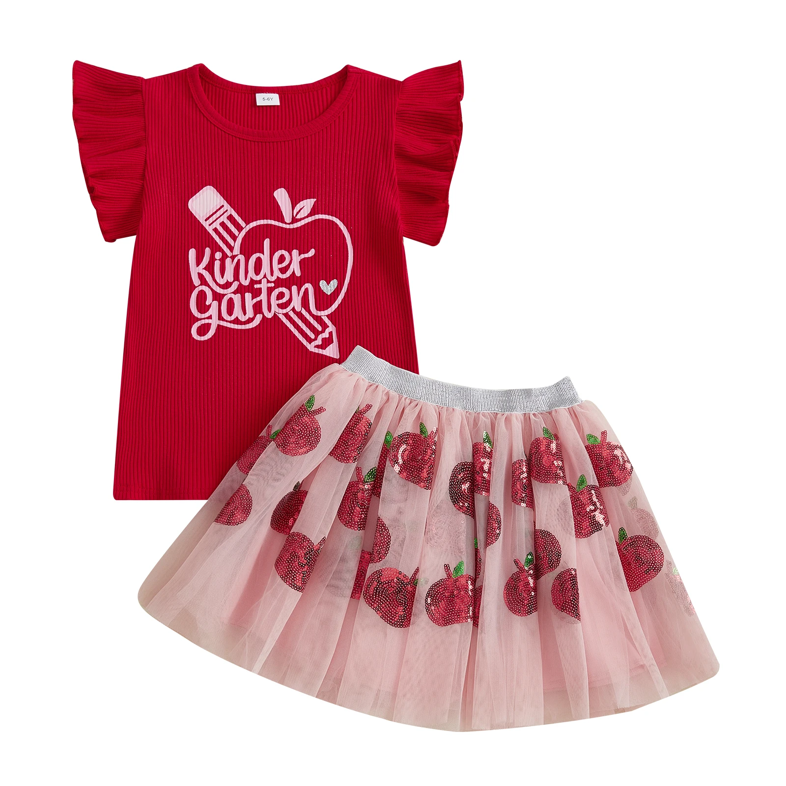 Toddler Girls Back to School Outfits Ruffle Sleeve Apple Pencil