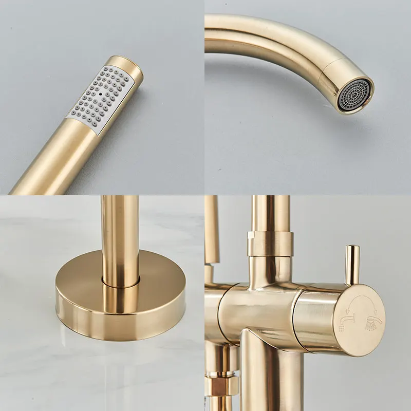 FMHJFISD Brushed Gold Bathtub Faucet Floor Mounted Free Standing Bathtub Shower Mixer Taps Hot Cold Water Crane Swivel Spout