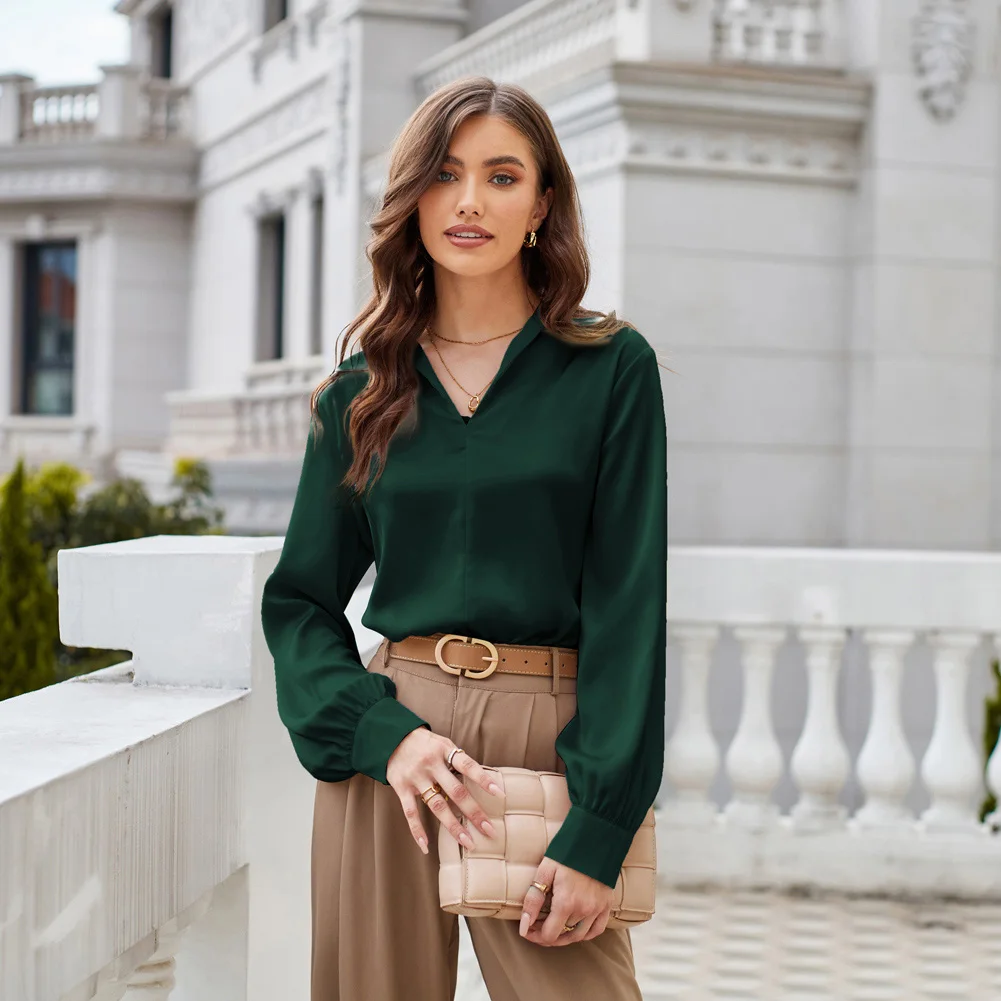 GK Women Lapel Collar Blouse Casual Loose Fit Comfy Long Sleeve V-Neck Tops Solid Office Lady Fashion Shirts Women Clothing