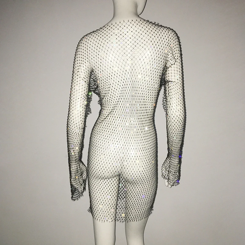 Glänzende Strass Fisch netz Kleid Langarm V-Ausschnitt Hollw funkelnde Diamant Kleider sexy Strand vertuschen atmungsaktive Frauen Vestidos – Detail 9