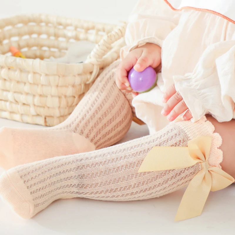 Baby Socks 0-2Years Baby Girl Socks with Bow Summer Toddler Baby Cotton Mesh Knee Socks Newborn Infant Non-slip Princess Long