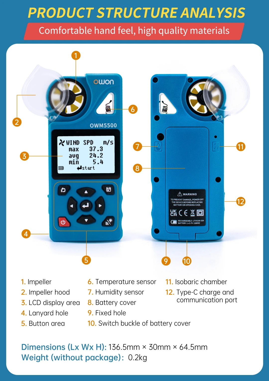 OWM5500 Digital Anemometer, 7-in-1 With 8000 Aata Memory, 7 Measurement Modes, T